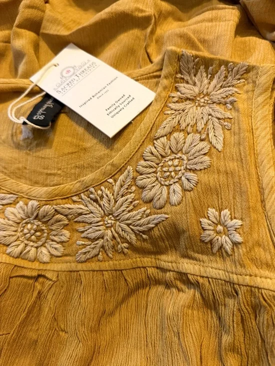 Sacred Threads Mustard Yellow Embroidered Sleeveless Tunic Dress - Picture 4 of 9
